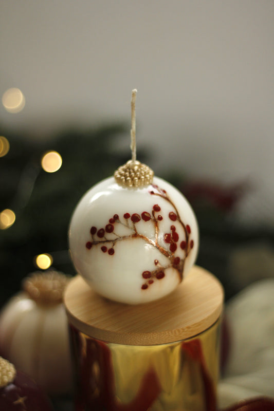 Glossy Christmas Ball with Red Berries and Star Hand Painting